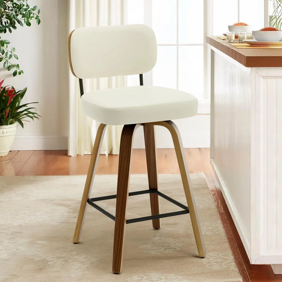 Tabouret de Bar Pivotant Rotatif à 360° avec Dossier en Rotin - Similicuir et Bois Massif