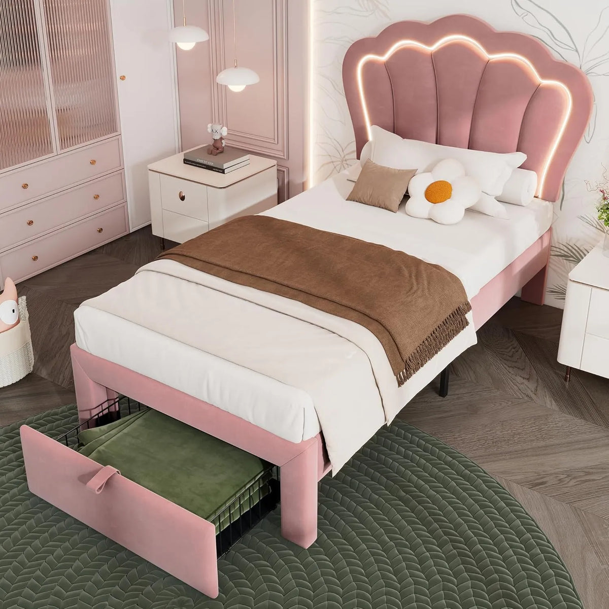 Lit Enfant Velours Rose avec LED et Tiroirs, 90 x 190 cm, Sommier Réglable et Tête Rembourrée