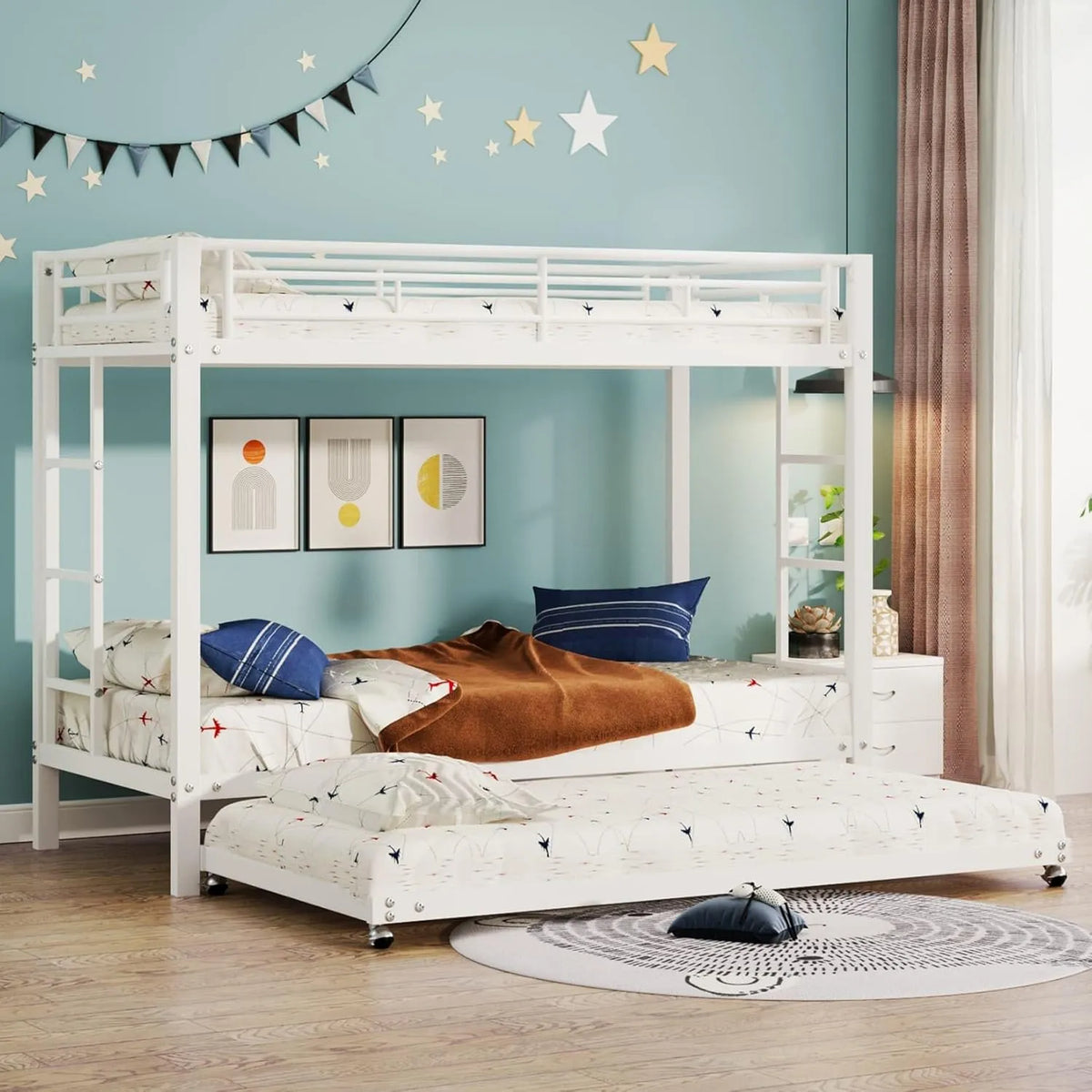 Lits Superposés Enfant 90x200 cm avec Lit Gigogne, 3 Places, Sommier Robuste, Barrière de Sécurité, Cadre en Métal pour Adolescents (Blanc)