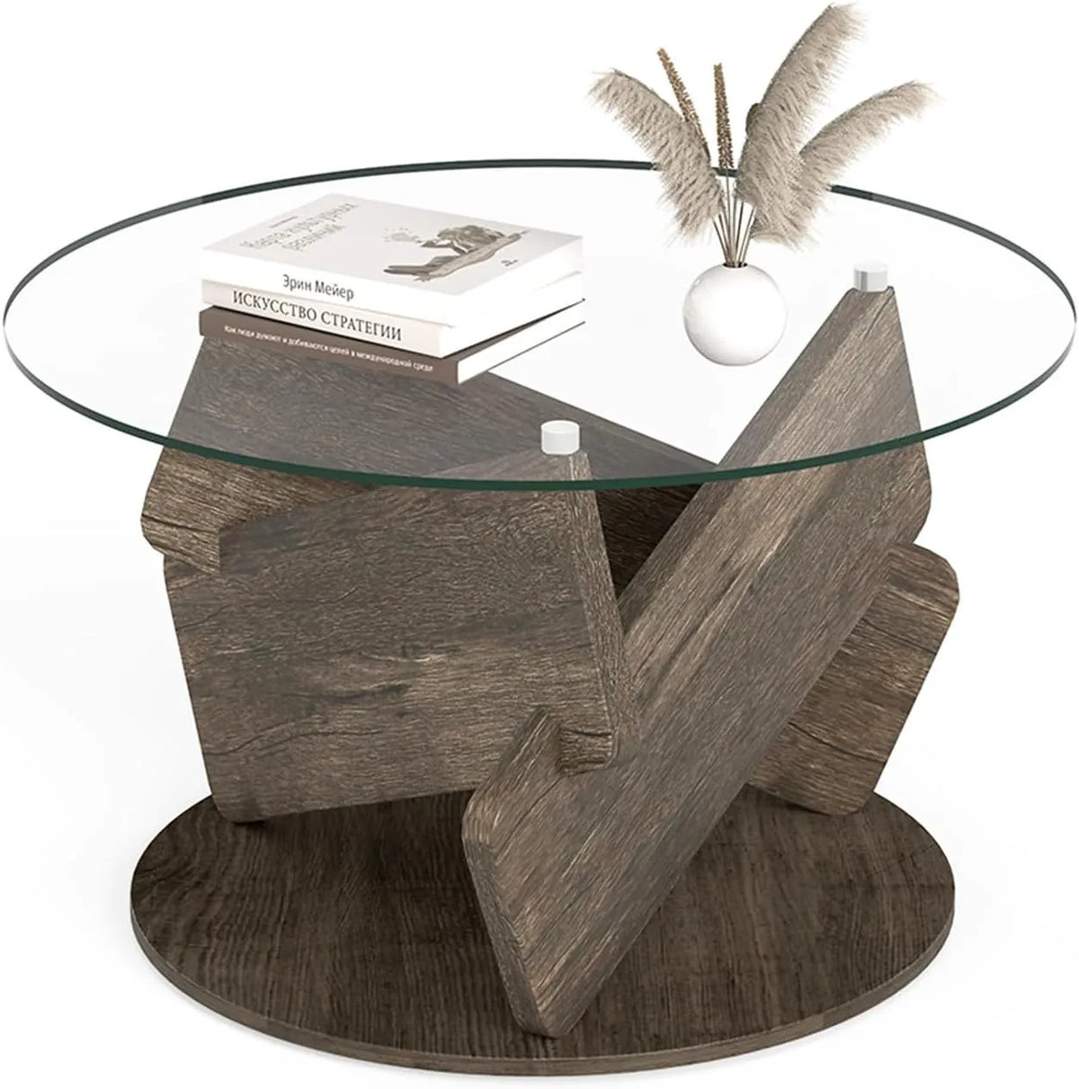 Table Basse Ronde Moderne en Verre Trempé avec Pieds en Bois, Idéale pour Petits Espaces (Noir)