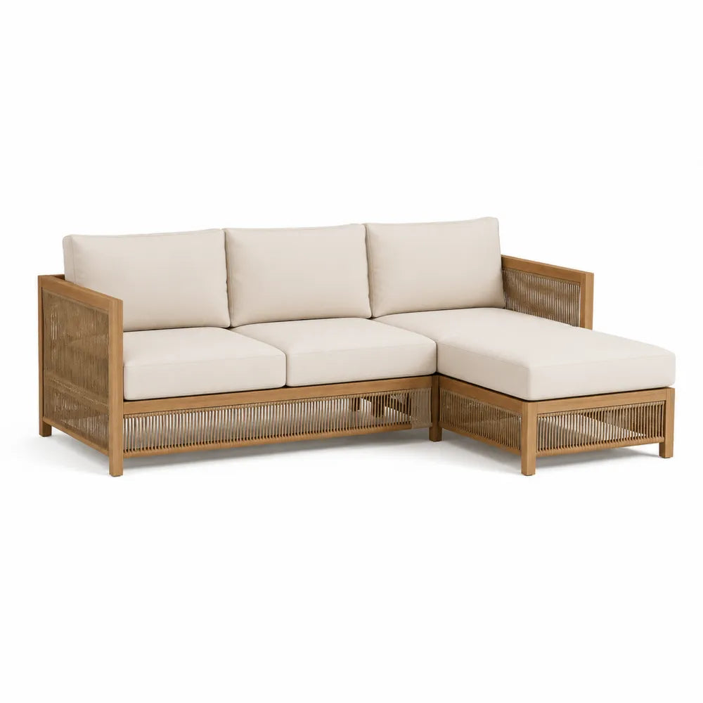 Canapé de jardin d angle 4 places avec méridienne bois d acacia corde polyester beige 220 cm 170 cm 75 cm