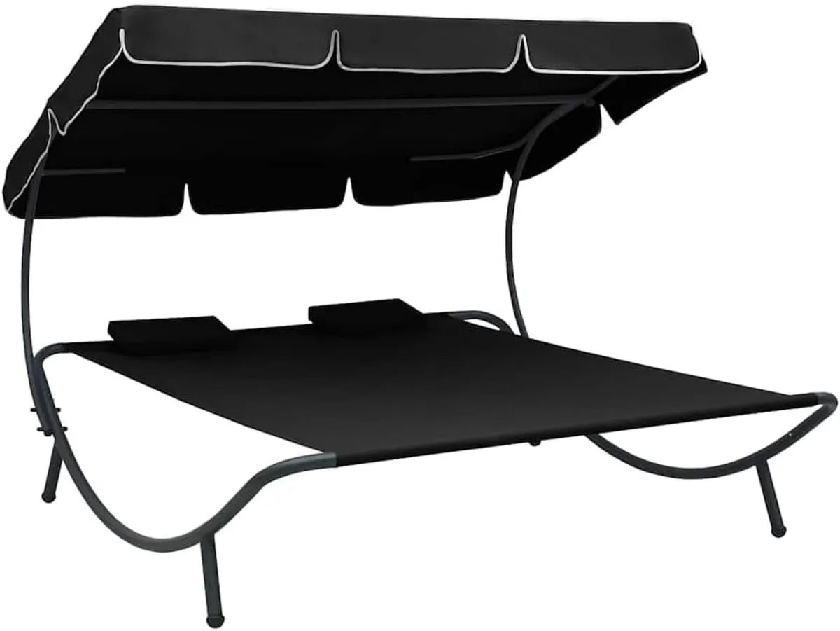 Lit de jardin pour deux avec toit solaire, coussin noir en tissu Oxford résistant, cadre acier pulvérisé