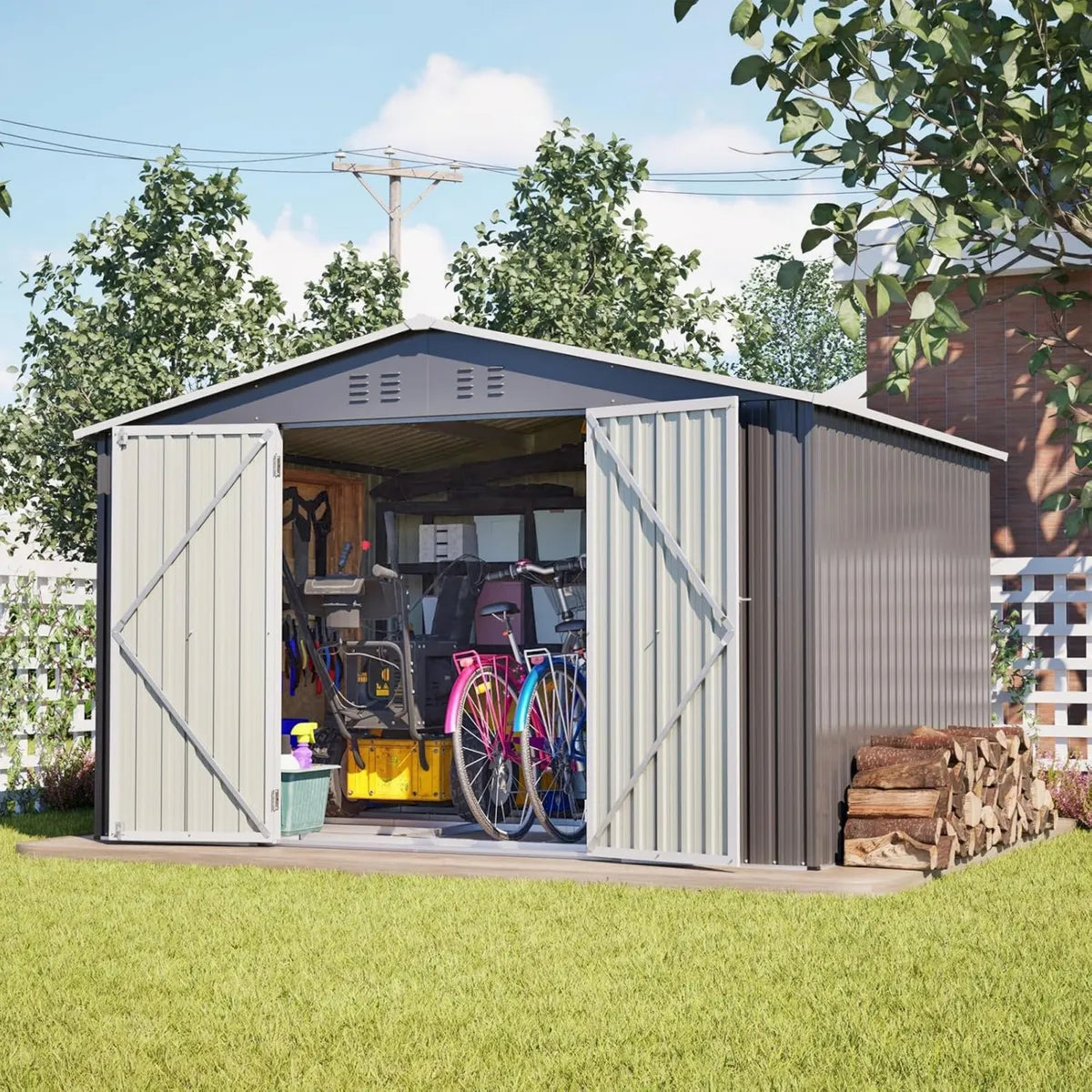 Abri de Jardin Métallique Résistant aux Intempéries avec Fondation, Cabanon de Rangement Spacieux, Toit Anti-Pluie, Gris (10x8 Pieds)
