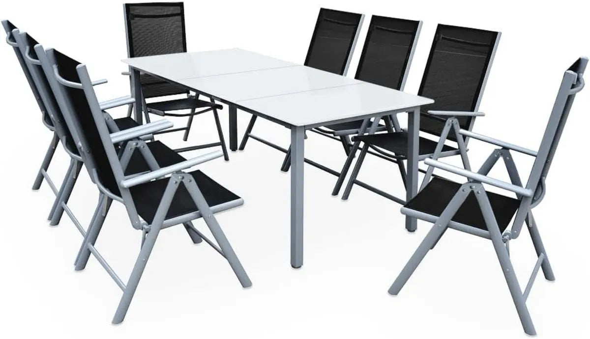 Ensemble de Jardin en Aluminium pour 8 Personnes avec Table 190x90cm, Résistant aux Intempéries, Pliable - Blanc Argent