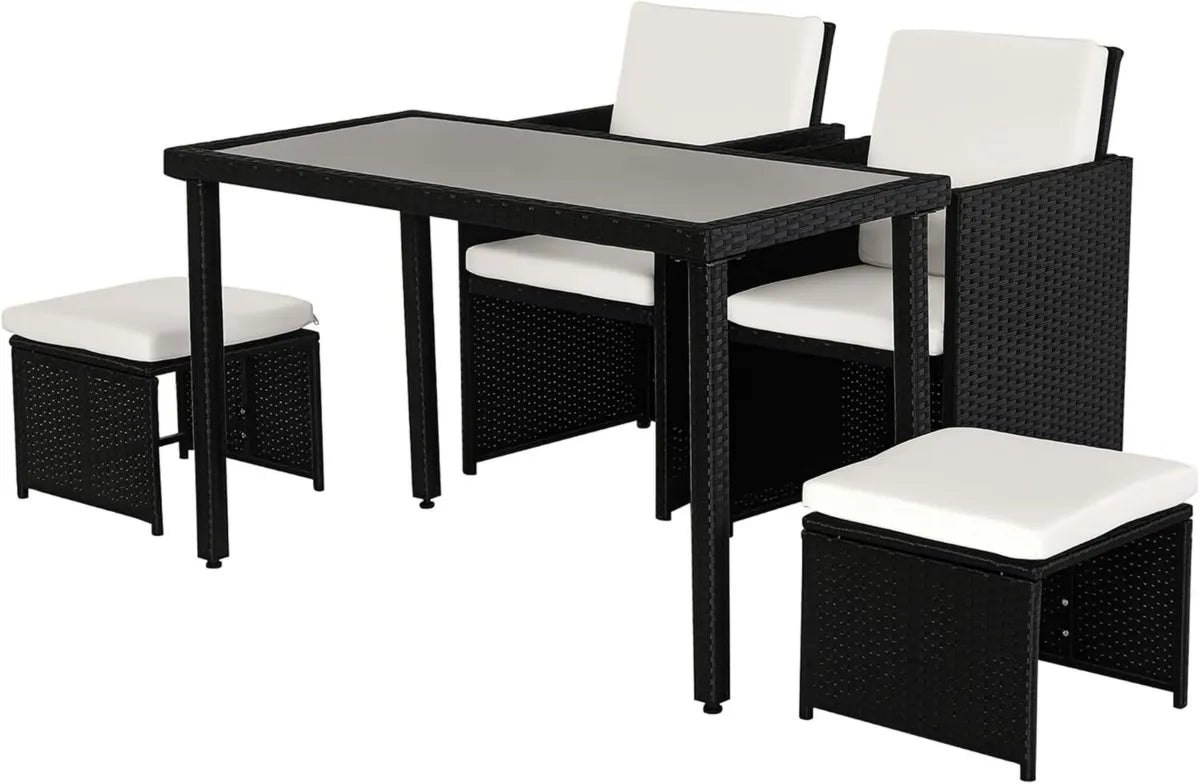 Ensemble Mobilier de Jardin Compact en Résine Tressée avec Coussins – 2 Fauteuils, 2 Tabourets et Table Basse