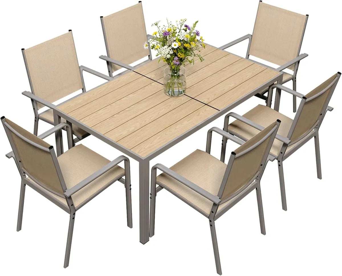 Ensemble de Salon de Jardin 6 Places avec Table et Chaises Empilables, Mobilier en Métal et Textilène avec Support Parasol, Marron