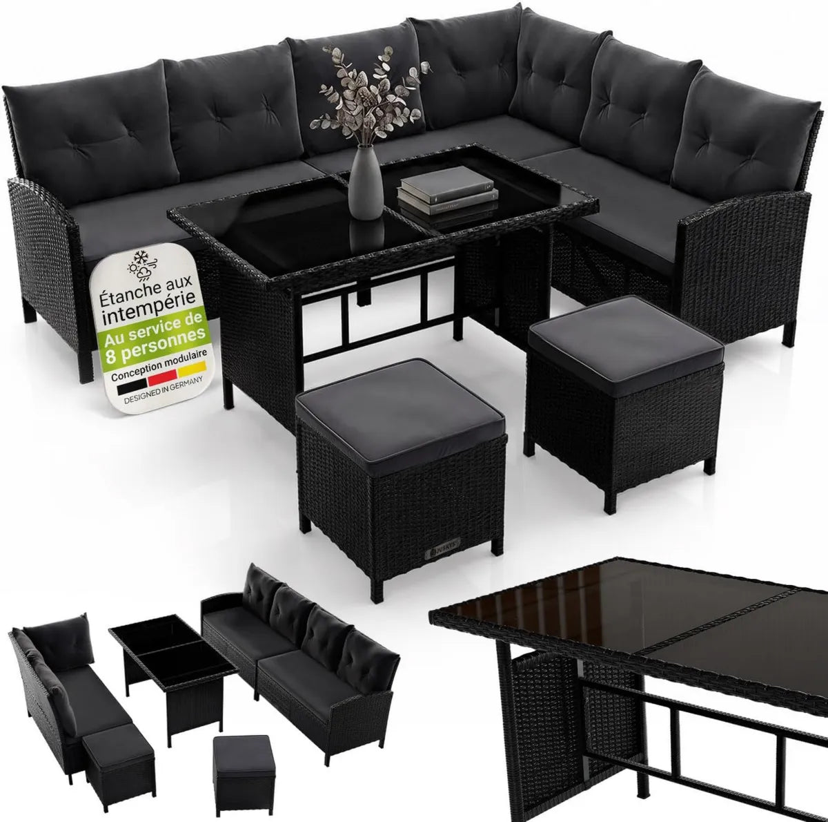 Ensemble de Salon de Jardin en Résine Tressée Noire Manacor - Canapé, Table, 2 Tabourets et Coussins - Pour 7 Personnes - Housses Grises