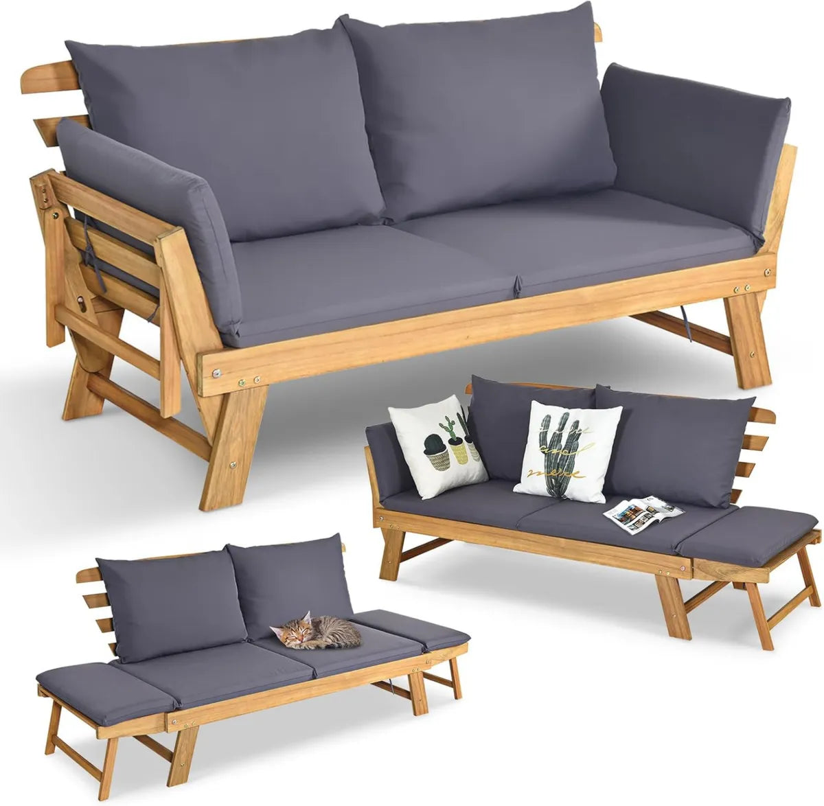 Canapé Convertible de Jardin 2 Places en Acacia avec Coussin Gris et Accoudoirs Réglables, Charge Maximale 320KG