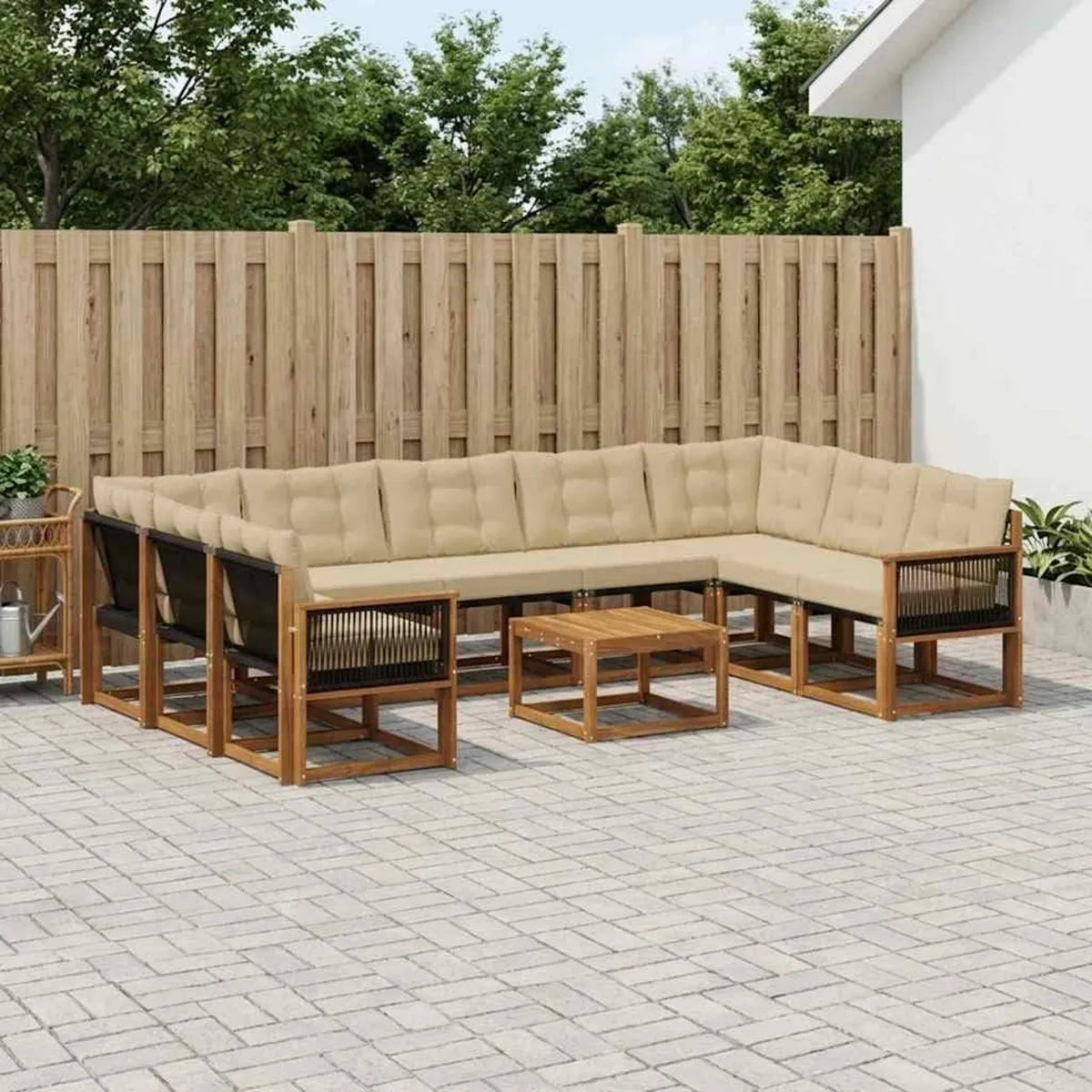 Ensemble de salon de jardin en bois d'acacia 10 pièces, coussins beiges résistants aux intempéries
