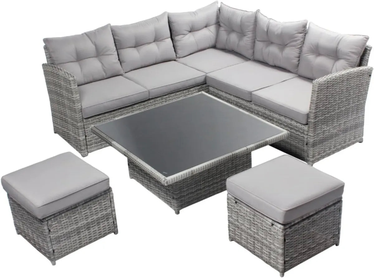 Ensemble de Jardin 6 Places en Rotin Synthétique Gris avec Table Relevable en Verre