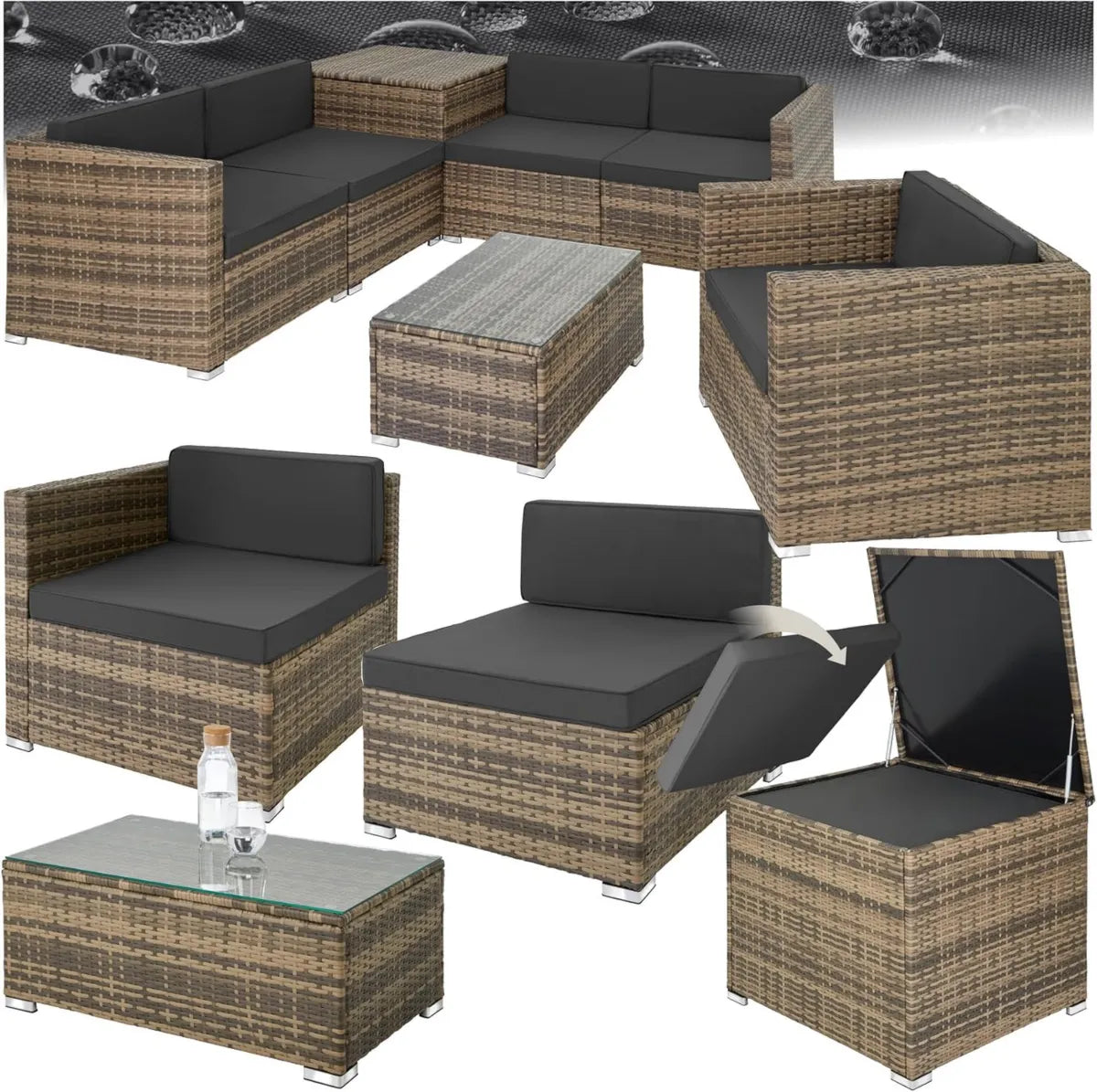 Ensemble de Jardin Modulable en Résine Tressée avec Table en Verre et Coffre - 5 Places
