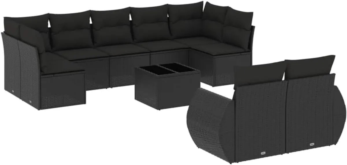 Ensemble de Jardin 10 Pièces en Résine Noire avec Coussins