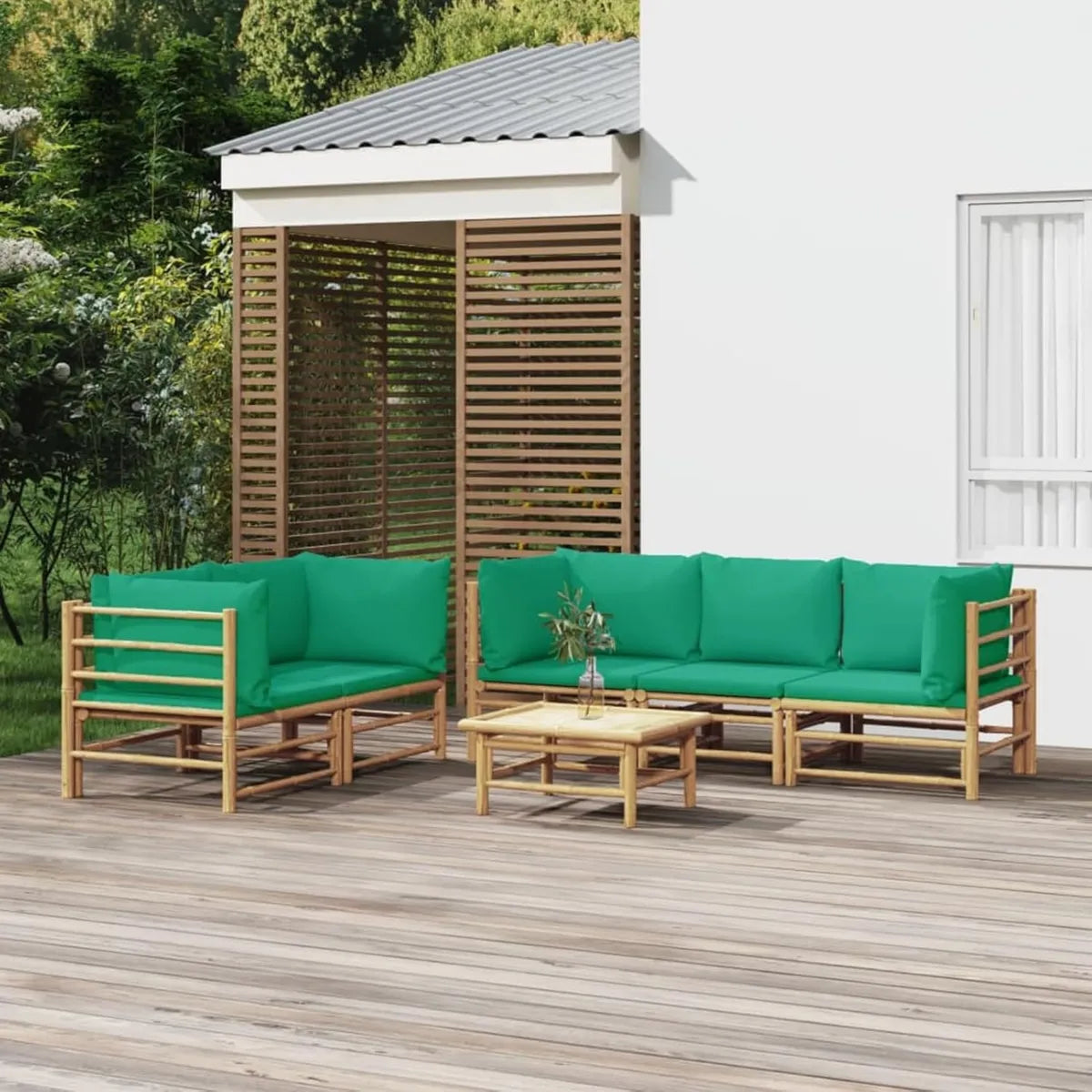 Ensemble de Jardin 6 Pièces Homgoday avec Coussins Verts, Bambou, Chaises Longues et Canapé-Lit