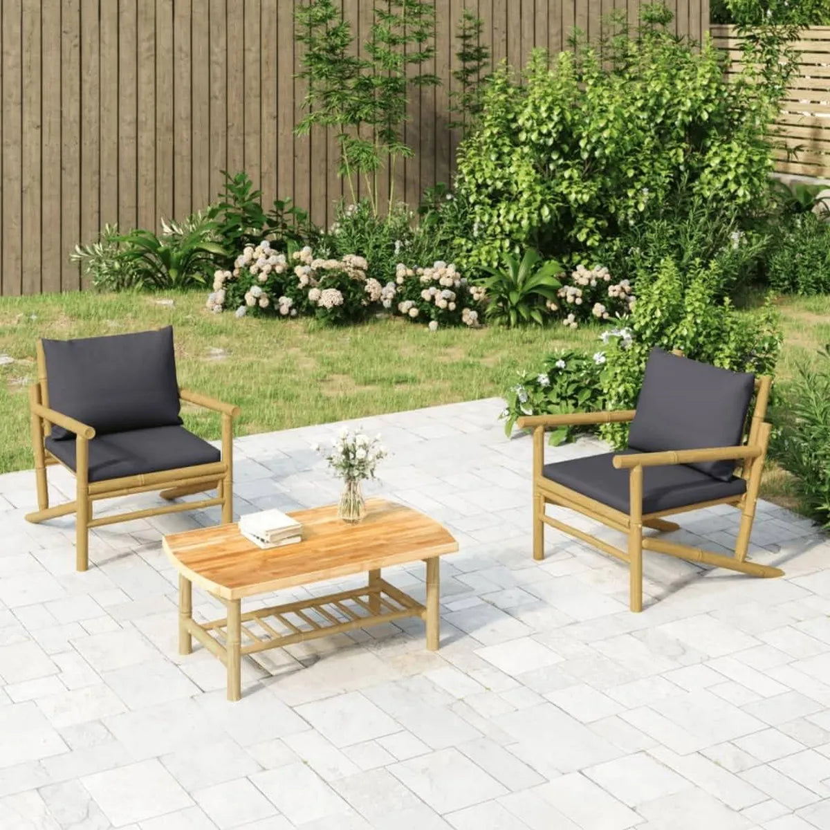 Ensemble Mobilier de Jardin 3 Pièces avec Coussins en Bambou Gris Foncé - Salon Extérieur