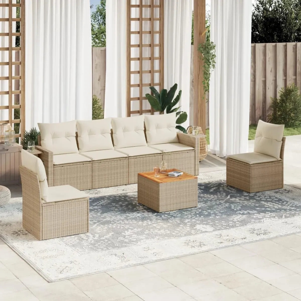 Ensemble de Salon de Jardin Modulable 7 pièces en Résine Tressée Beige avec Coussins, Table en Acacia