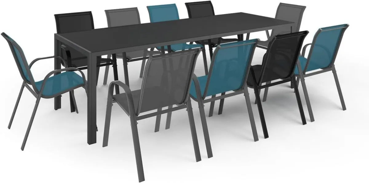 Ensemble de Jardin Madrid avec Table 240 CM et 10 Chaises Empilables Multicolores