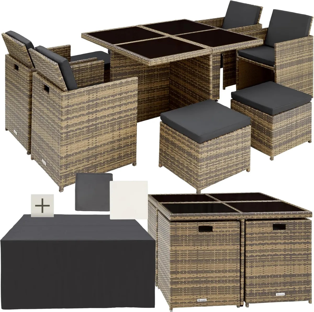 Ensemble de Jardin 8 Places en Poly Rotin - Aluminium - Marron Naturel
