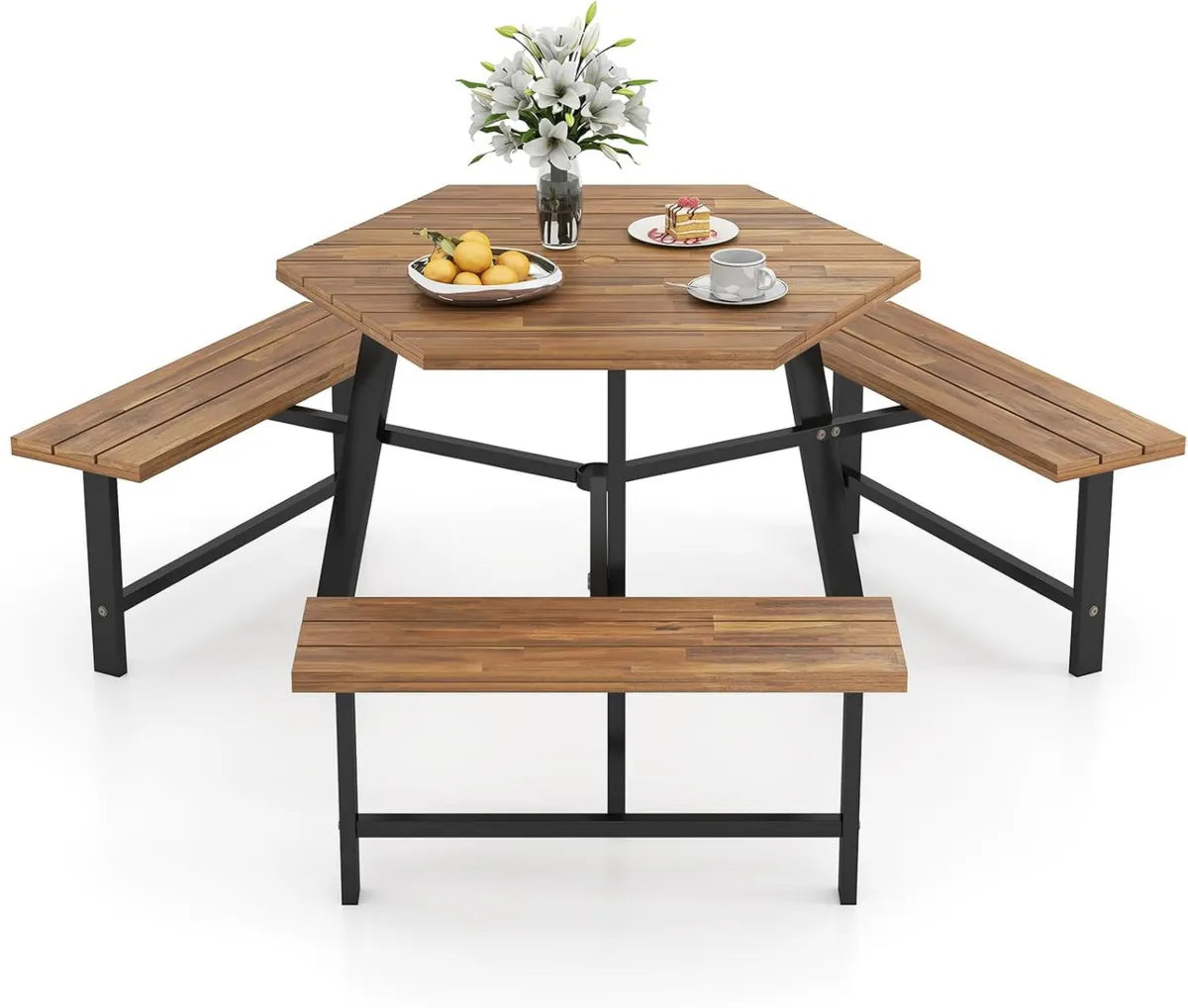 GOPLUS Ensemble de Jardin Acacia pour 2 Personnes avec Pieds Réglables, Table et Banc en Métal pour Terrasse, Capacité 80+360KG
