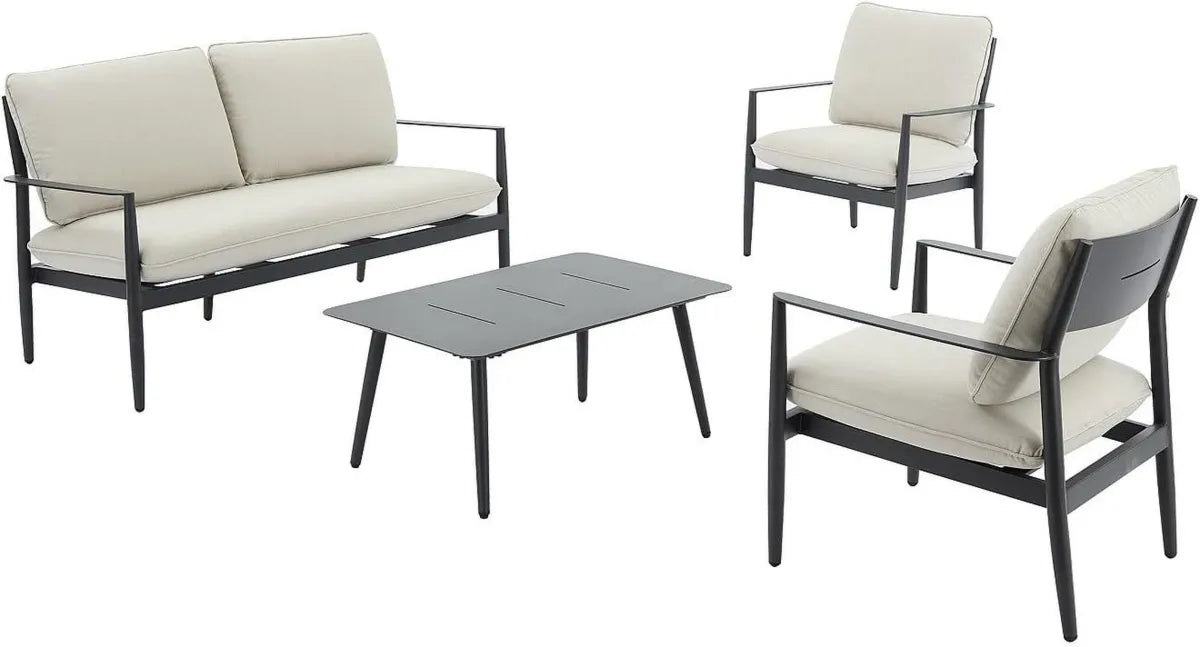 Set de Jardin en Aluminium : Canapé 2 Places, 2 Fauteuils et Table Basse - Anthracite et Coussins Beiges