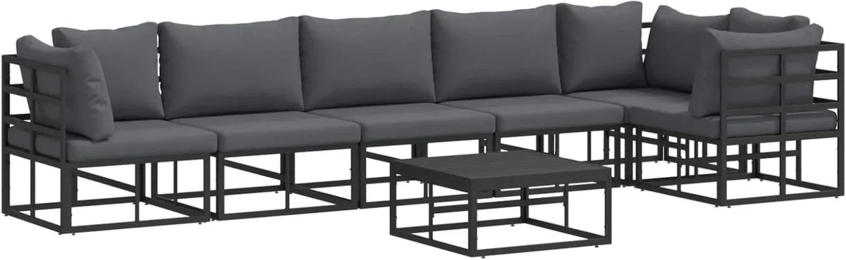 Salon de jardin 7 pièces en aluminium noir avec coussins et pieds réglables