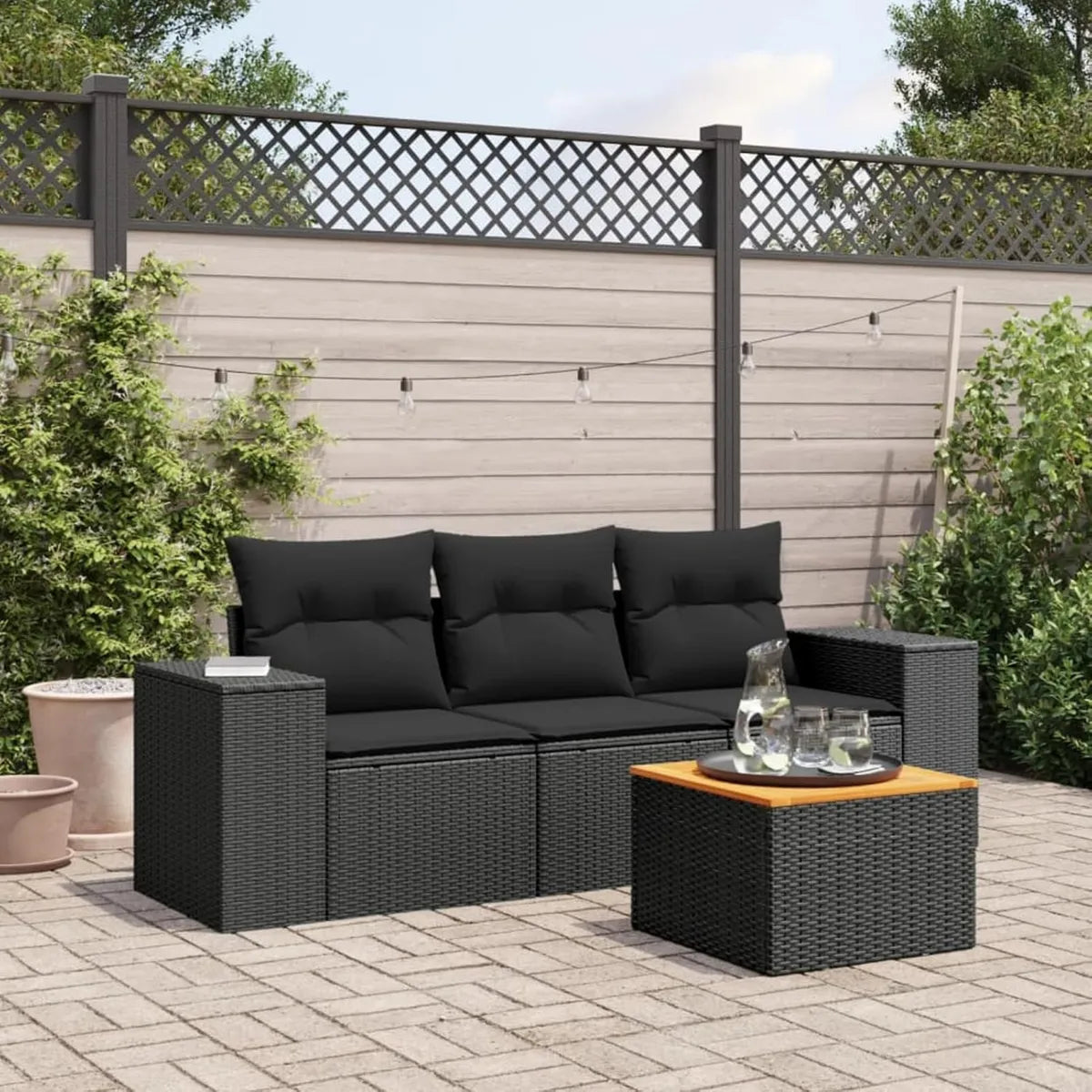 Ensemble de Salon de Jardin en Rotin Noir 4 Pièces avec Coussins Extérieurs