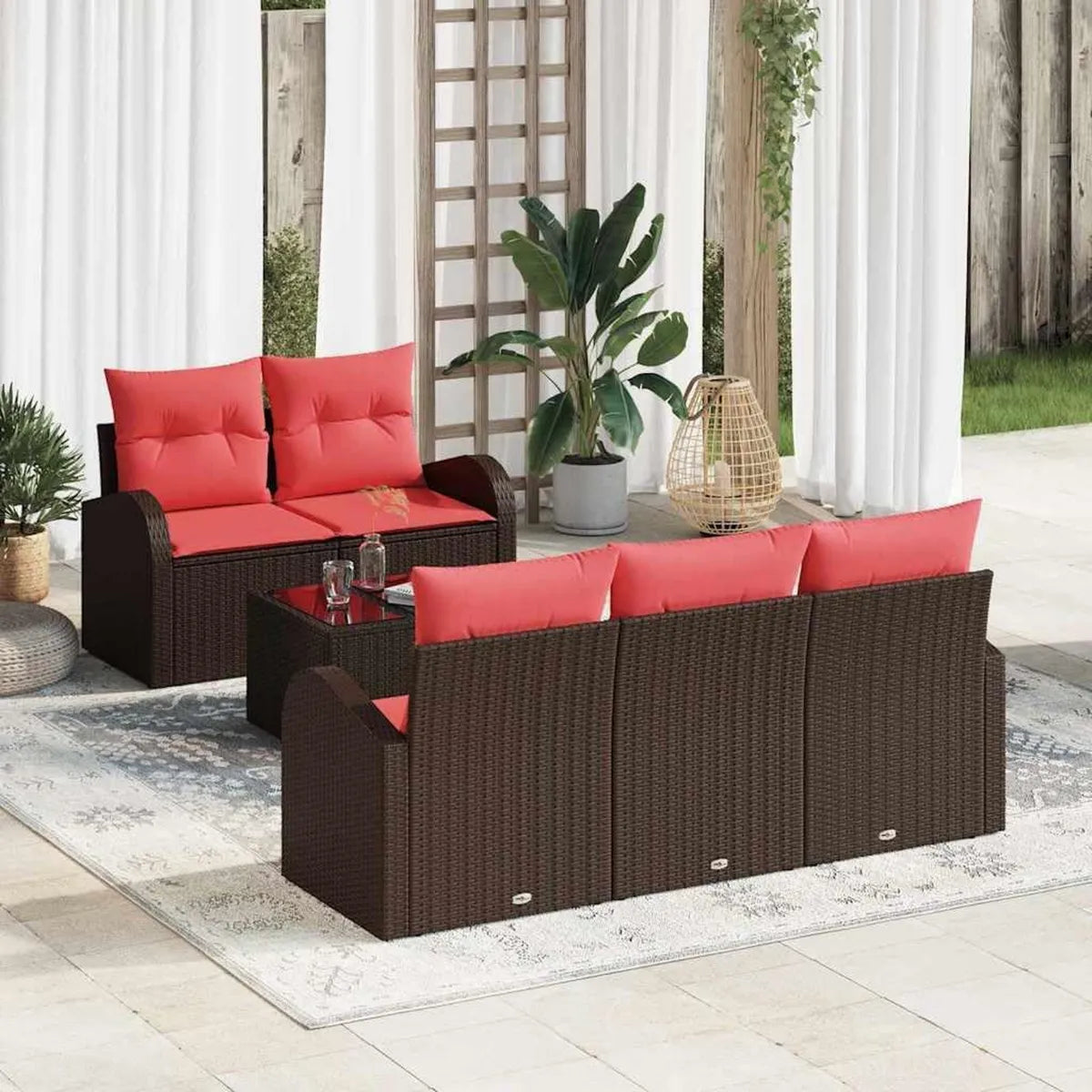 Ensemble de salon modulable 6 pièces en résine tressée marron pour jardin avec coussins confortables et table en verre