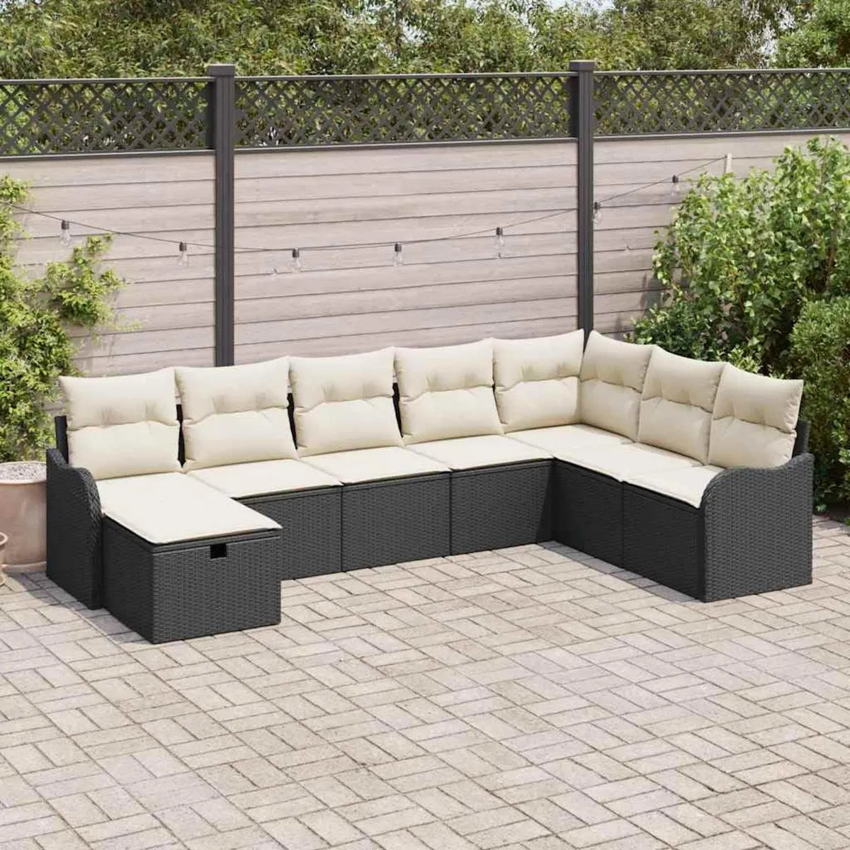 Salon de Jardin Modulaire 8 Places en Rotin Noir avec Coussins - Canapé d'Angle avec Rangement et Poufs