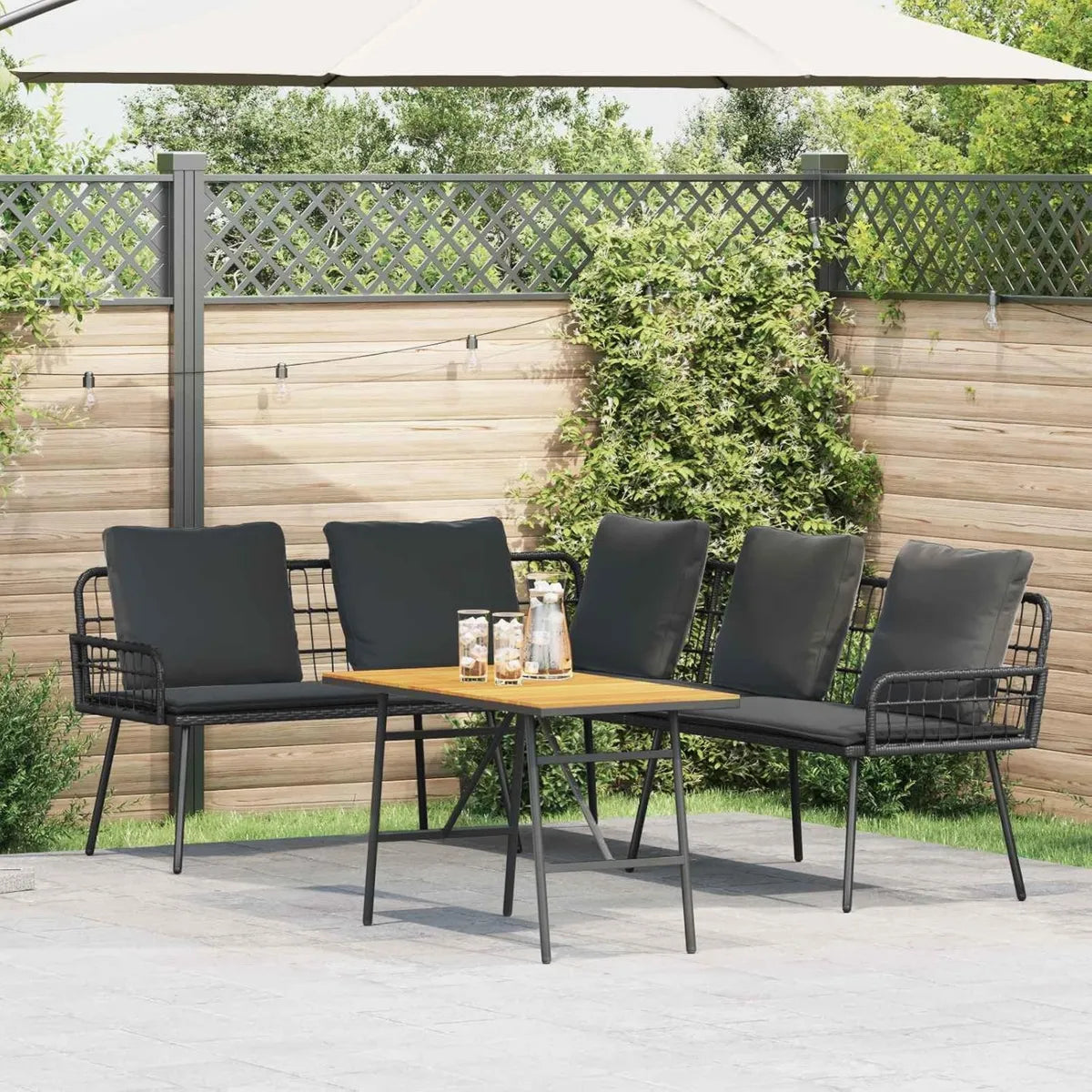 Ensemble de Salon de Jardin en Polyrotin Noir avec Table en Acacia - 4 Places