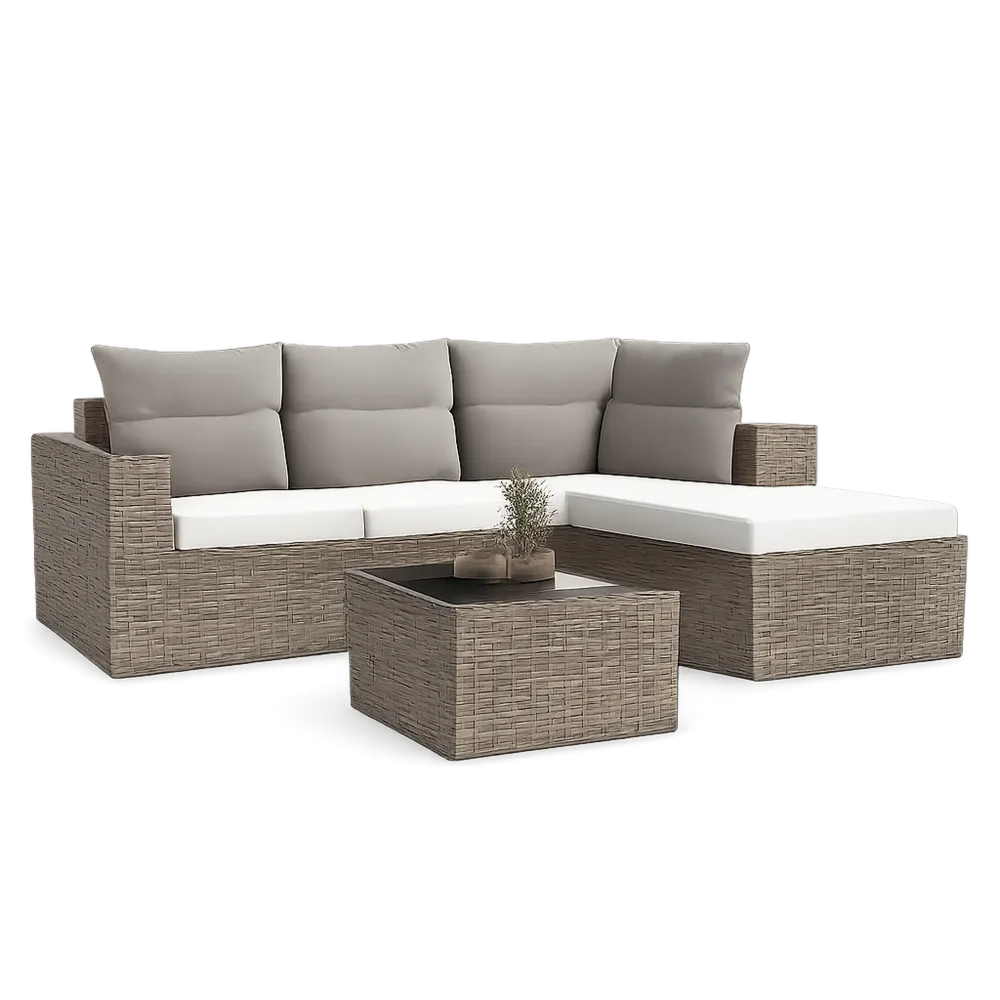 Salon de jardin d’angle résine tressée beige 4 à 5 places avec table basse et méridienne 230 cm 180 cm 70 cm coussins blancs
