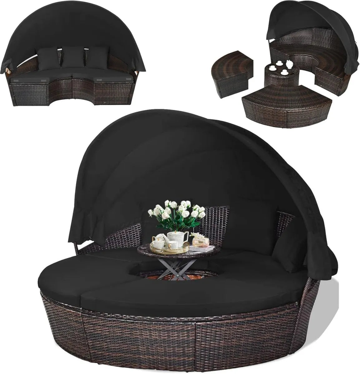 Ensemble de Jardin 3-en-1 avec Canapé, Lit et Table Basse, Auvent Rétractable, Oreillers Inclus, Mobilier Extérieur pour Terrasse et Pelouse (Noir)