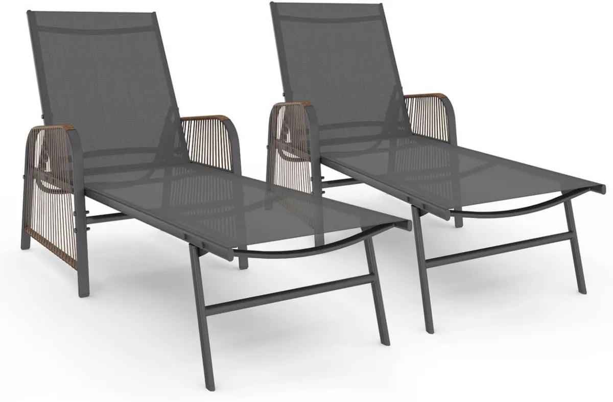 IDMarket - Paire de Transats Réglables Rio en Acier Anthracite avec Effet Rotin et Toile Grise