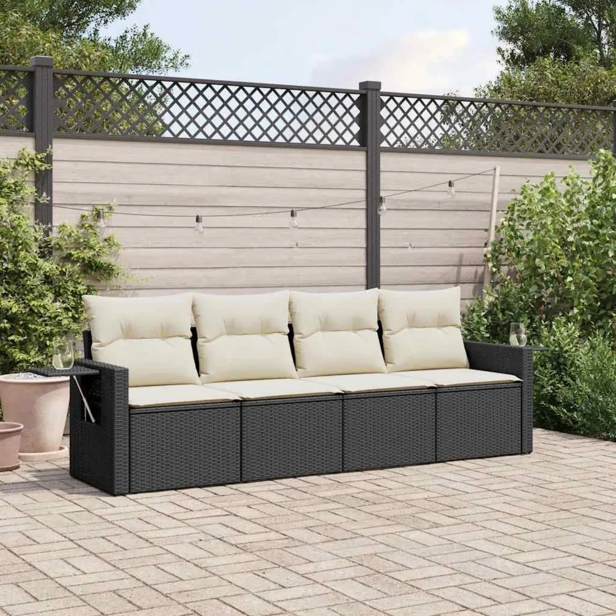 Ensemble de Jardin 4 Pièces Résine Noire avec Coussins Crème, Canapé Modularité et Rangement, Housses Lavables, Table Pliante pour Terrasse et Patio