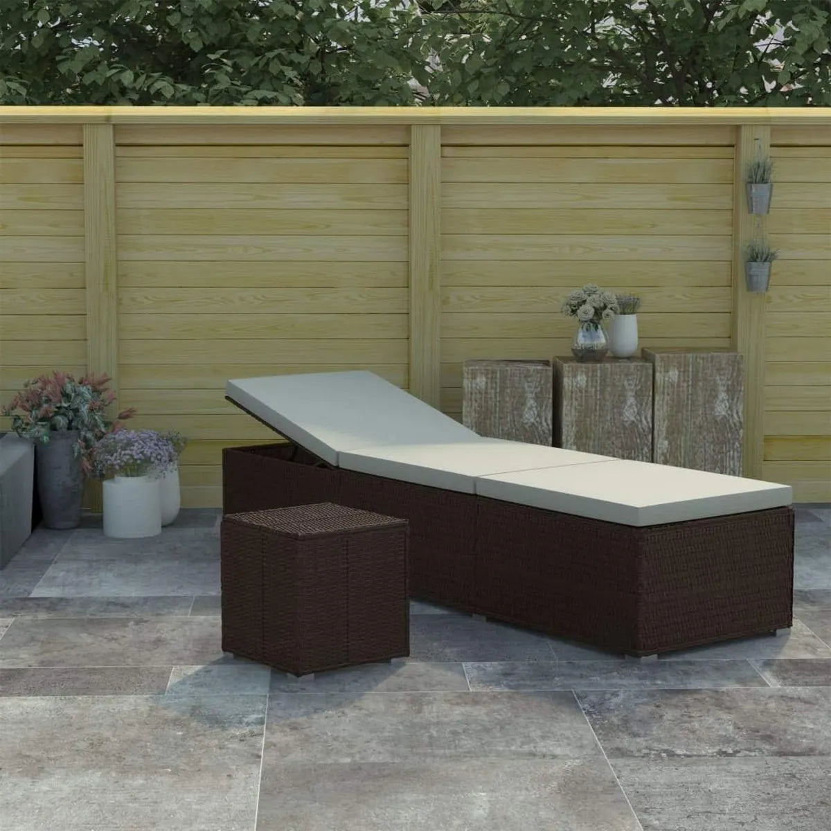Ensemble de Chaise Longue et Table de Jardin en Résine Tressée avec Coussin - Marron