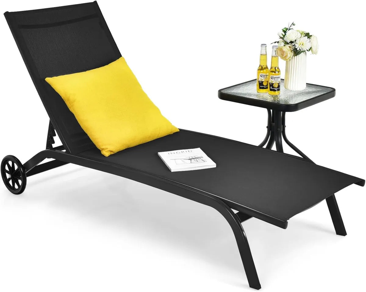 Chaise Longue Extérieure avec Roulettes, Dossier 6 Positions, Capacité 150 kg, Noir