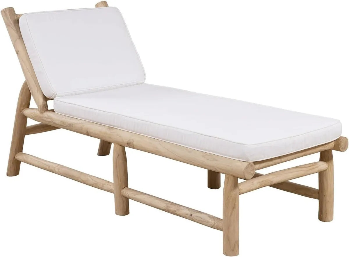 Chaise Longue en Teck avec Coussin - Design Élégant - Teinte Naturelle et Blanche - Modèle Tulum