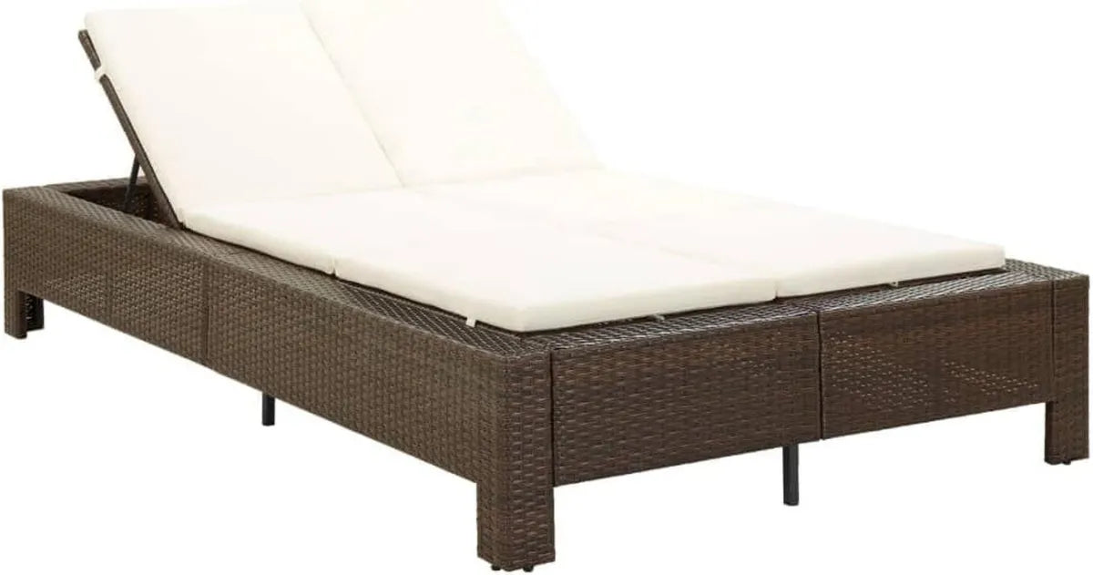Lit de jardin double en rotin synthétique marron avec coussins résistants aux intempéries pour terrasse et piscine