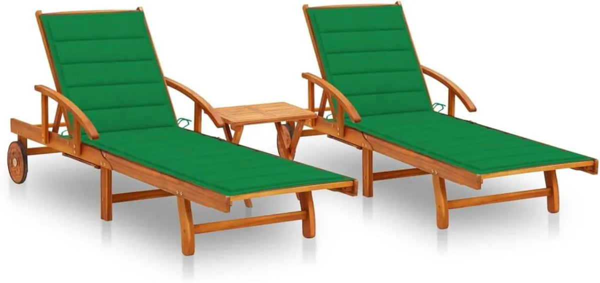 Lot de 2 Chaises Longues avec Table et Coussin en Acacia Massif, Bain de Soleil Réglable, avec Roues, pour Jardin et Extérieur