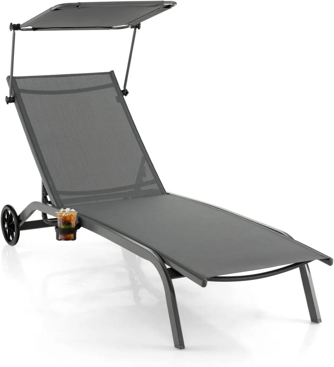 Chaise Longue Pliable avec Dossier Réglable et Pare-Soleil, Inclinaison 6 Positions, Idéale pour Jardin ou Terrasse - Gris