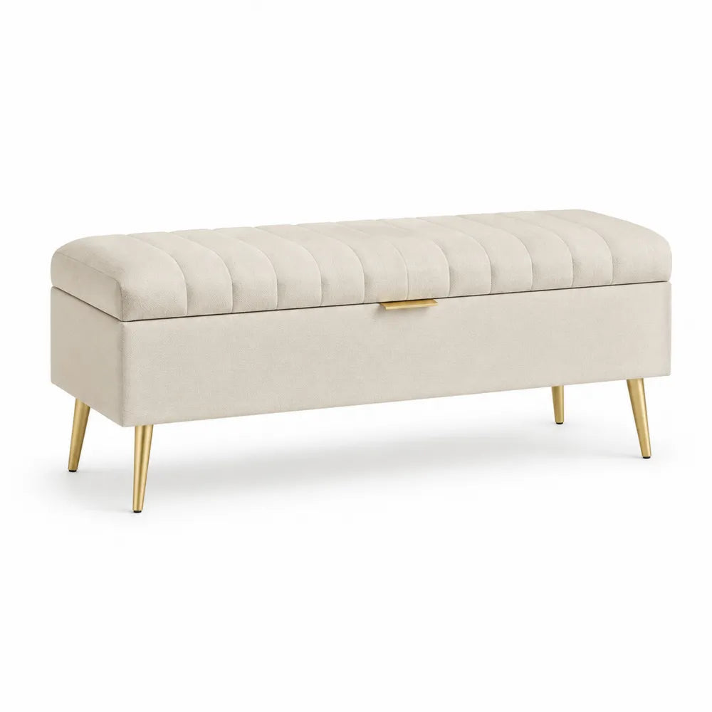 Banc coffre de bout de lit 110 x 40 x 45 cm assise capitonnée tissu polyester beige pieds métal doré