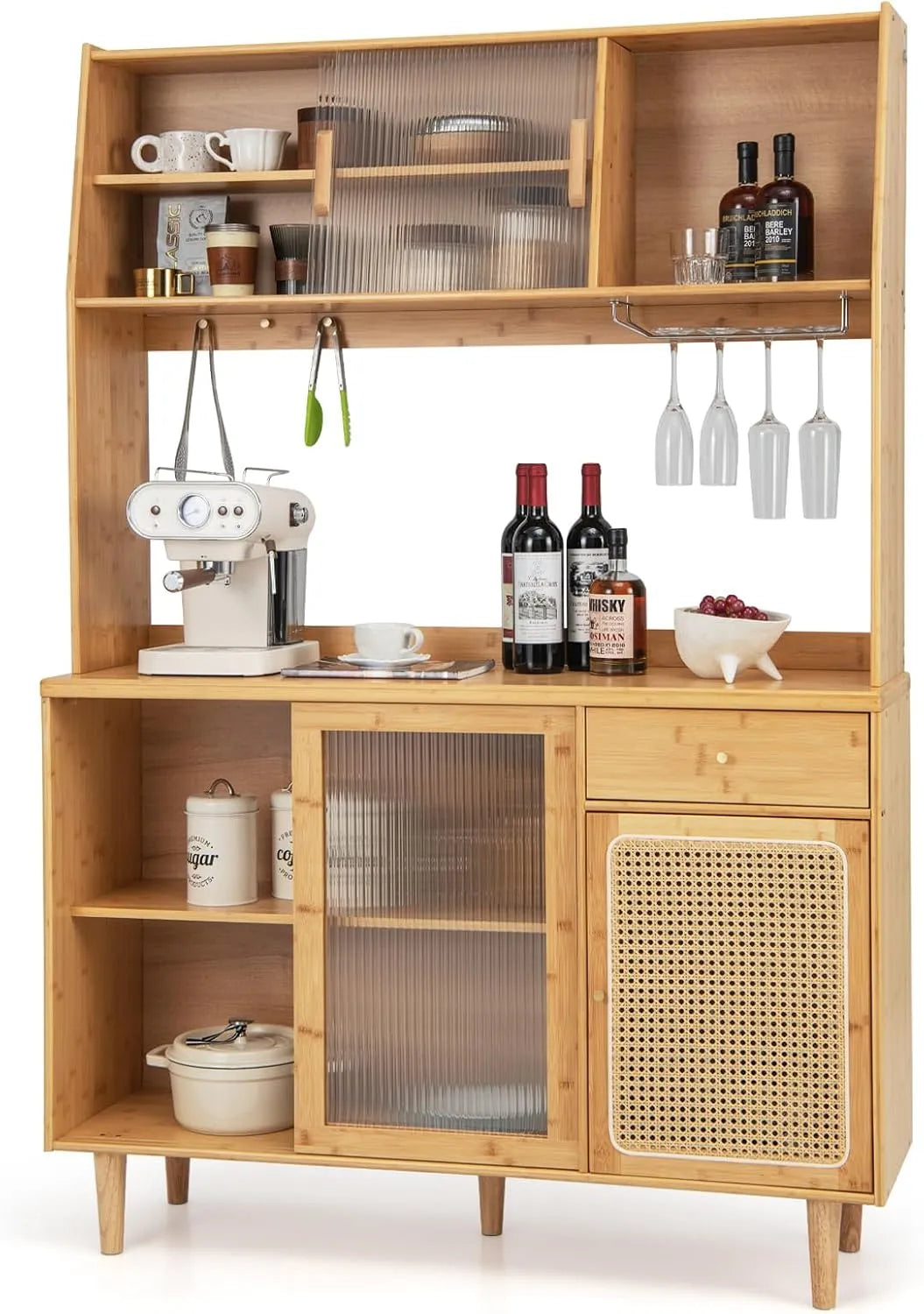 Buffet et meuble de rangement de Cuisine Haut en Bambou: en verre, avec poignée, avec rangement, avec tiroirs, 120 × 35 × 175cm, en résine tressée