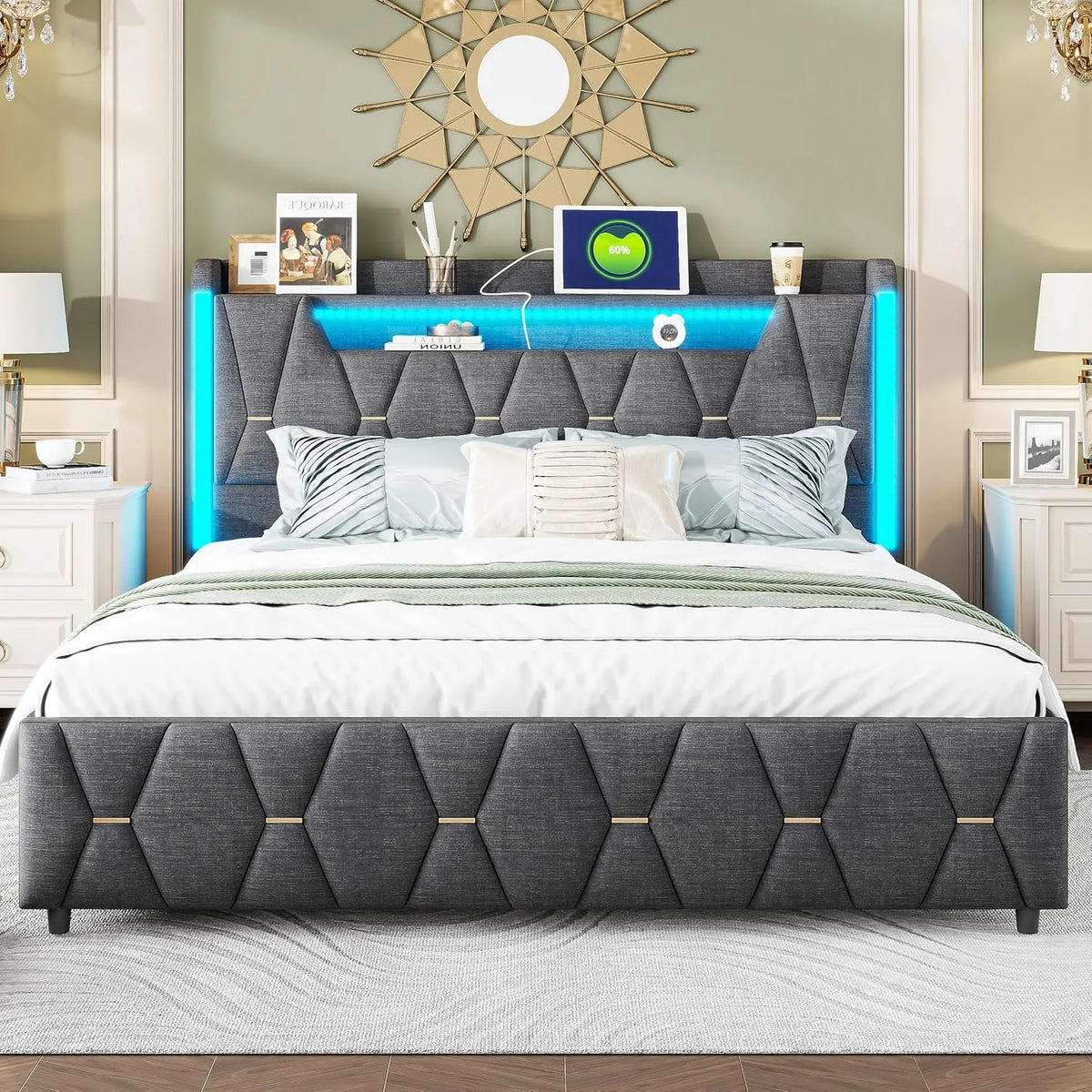 Lit Double Capitonné 140x200cm avec Éclairage LED – en bois, avec rangement, avec tiroirs, avec port USB, 4 Tiroirs, 140 × 200cm, gris