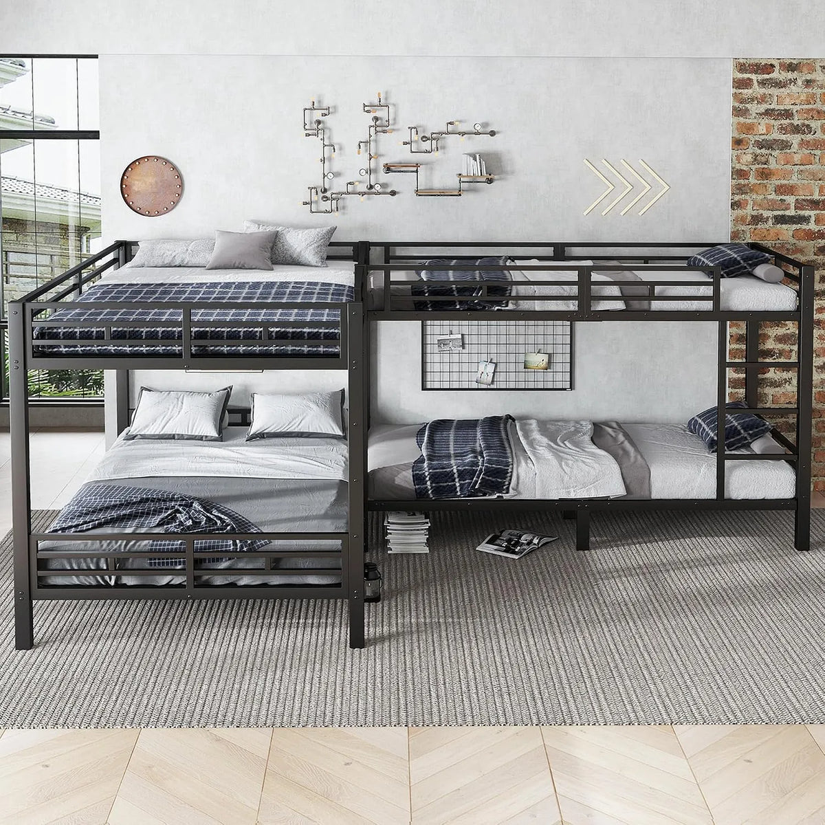 Lit superposé et lit mezzanine – avec échelle, 140 × 200 cm, 90 × 200 cm, noir, revêtement en tissu