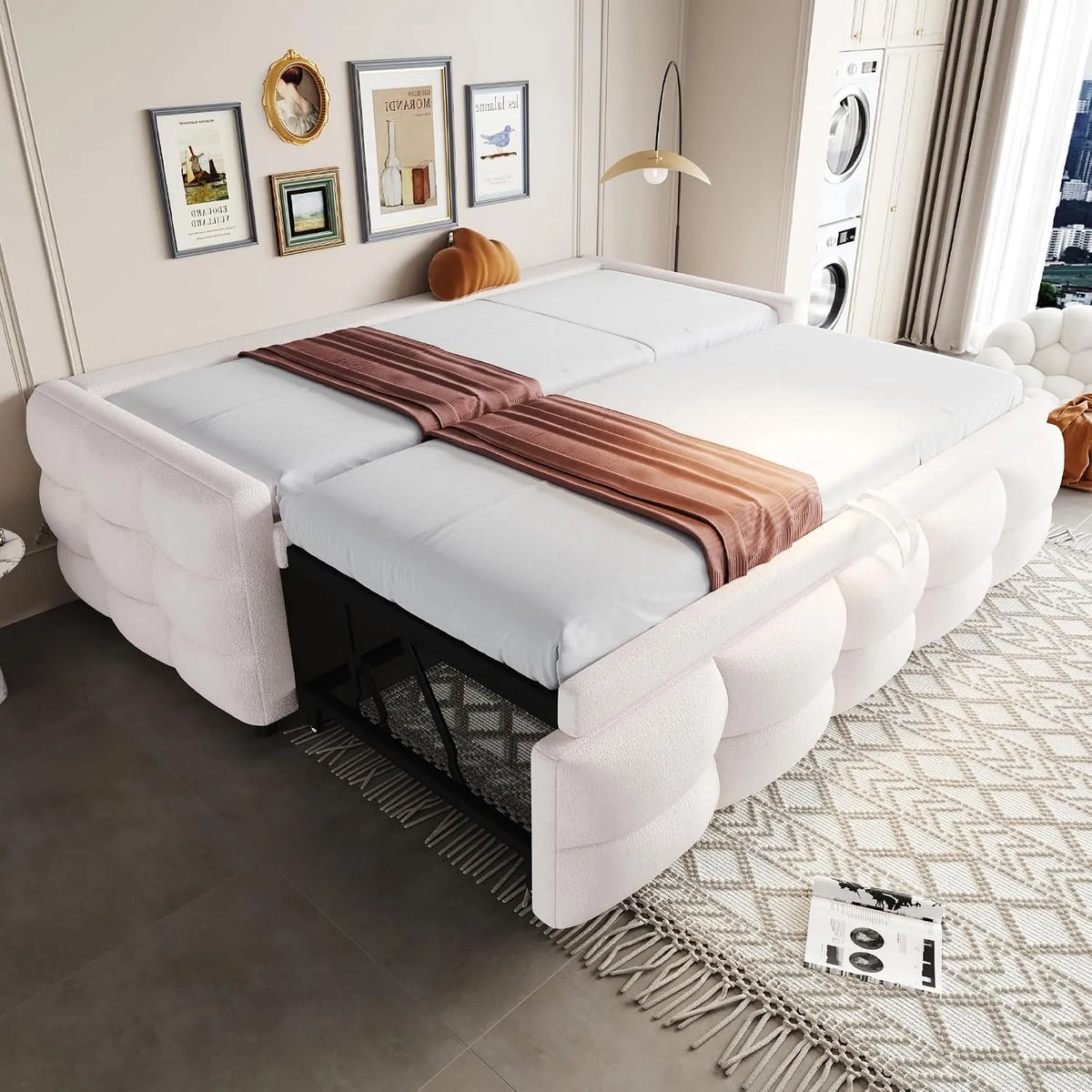Canapé convertible et canapé-lit — revêtement en tissu, 180 × 190 cm, beige, extensible, revêtement en velours