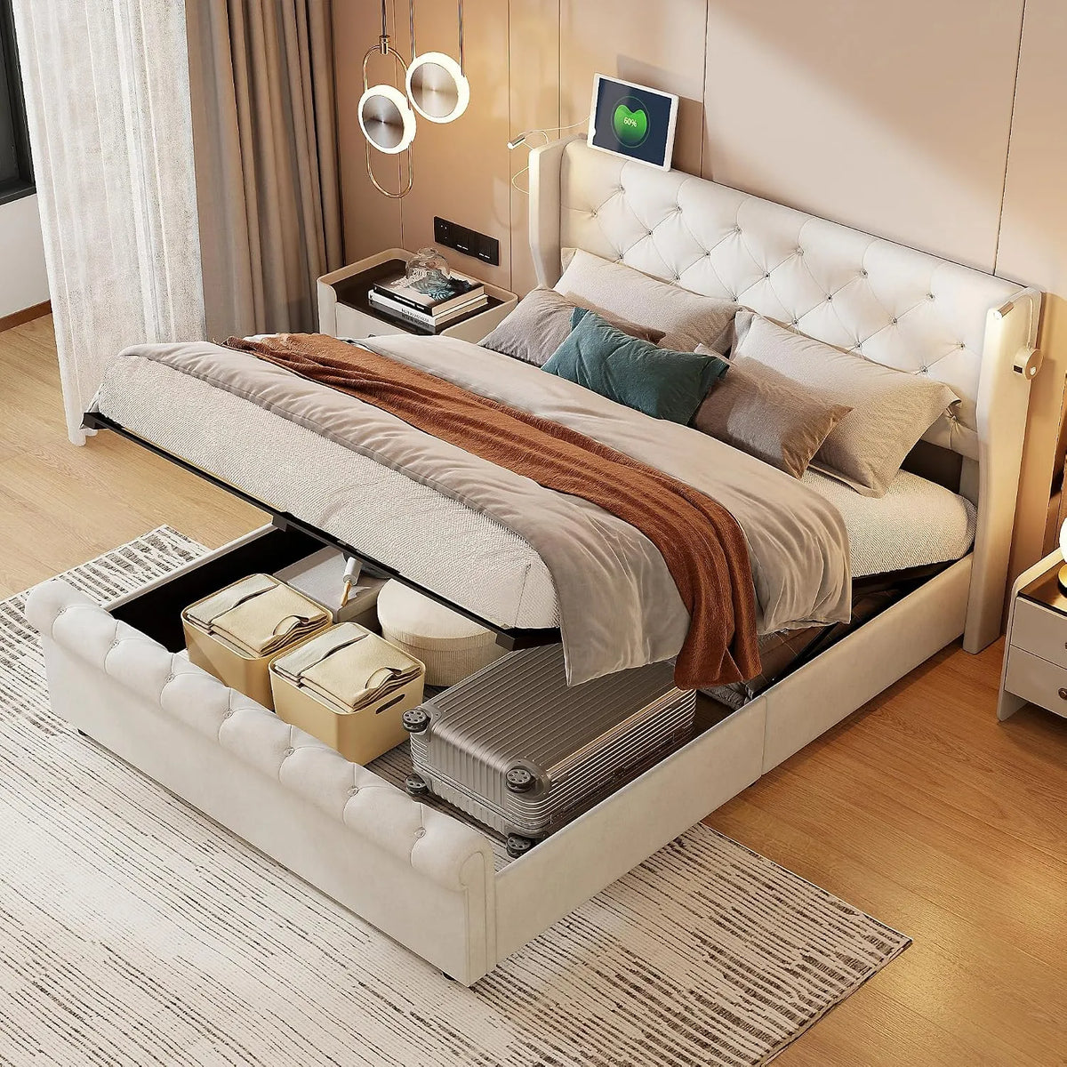 Lit Coffre 140 x 190 cm avec Lampe de Lecture: avec rangement, avec port USB, 140 × 190 cm, beige, revêtement en velours