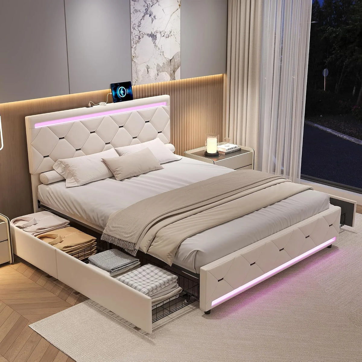 Lit capitonné 160 x 200 cm — avec tiroirs, avec port USB, affichage LED, 4 tiroirs, 160 × 200 cm