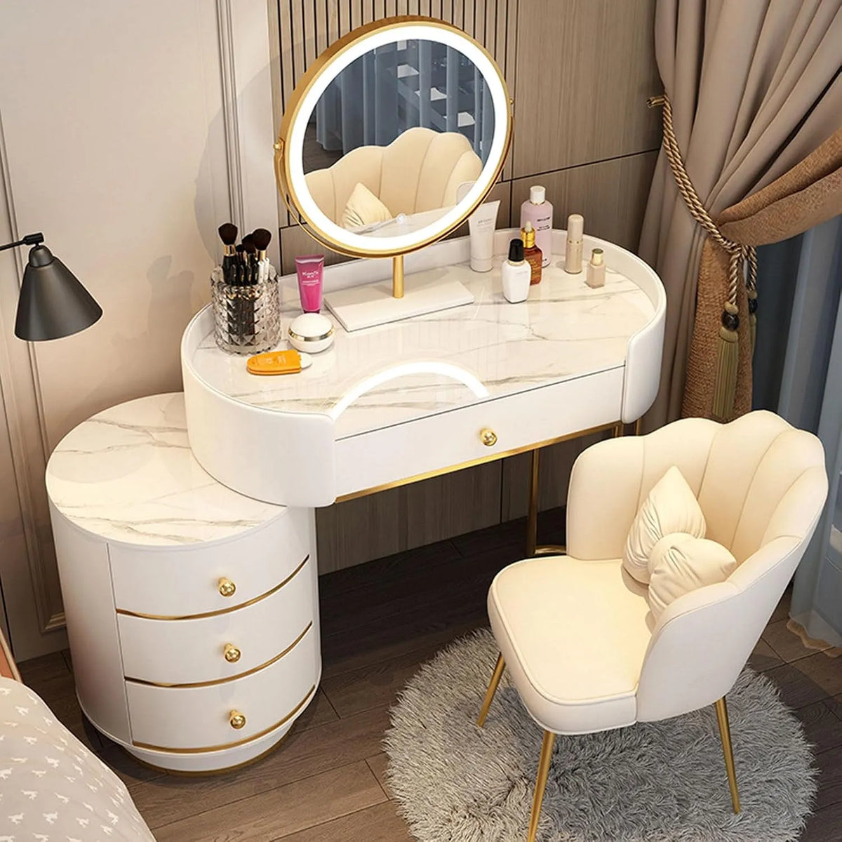 Coiffeuse et table de maquillage avec Tiroirs et Miroir LED Rond – avec rangement, réglable, affichage LED