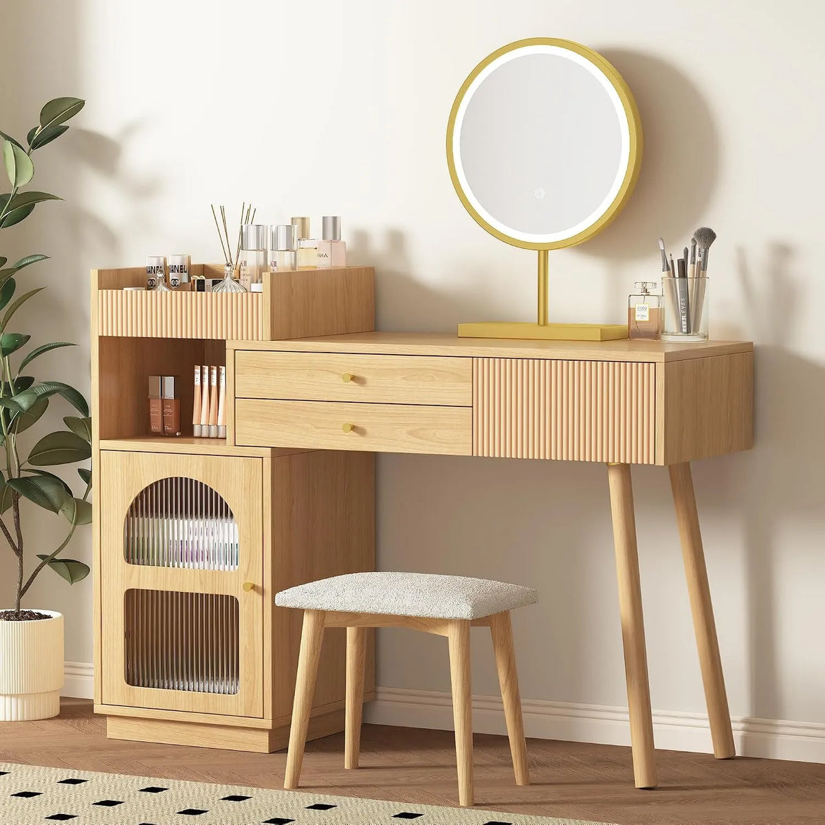 Coiffeuse et table de maquillage avec Miroir Moderne — en verre, en bois, avec rangement, avec tiroirs, 1 Porte, 3 Tiroirs, 120 × 40 × 90 cm
