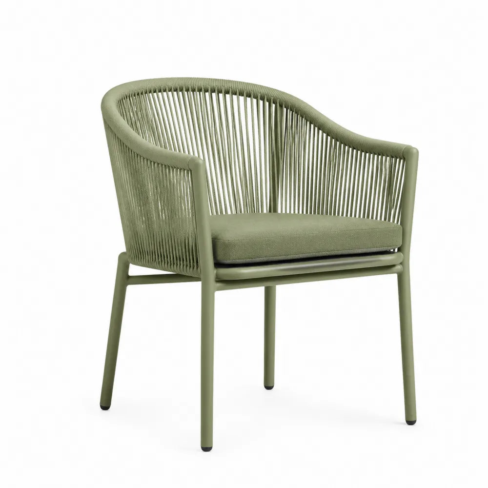 Fauteuil de jardin structure acier corde polyester tressée coussin vert olive 62 cm x 60 cm x 78 cm