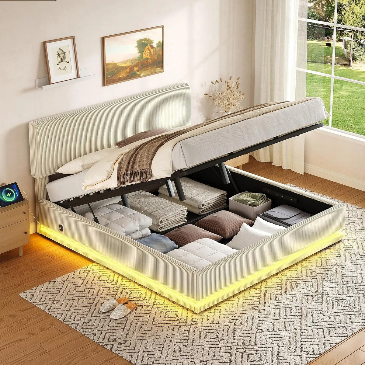 Lit rembourré et cadre de lit tapissé — en velours côtelé, avec rangement, avec port USB, réglable, 160 × 200 cm, beige, avec rangement intégré