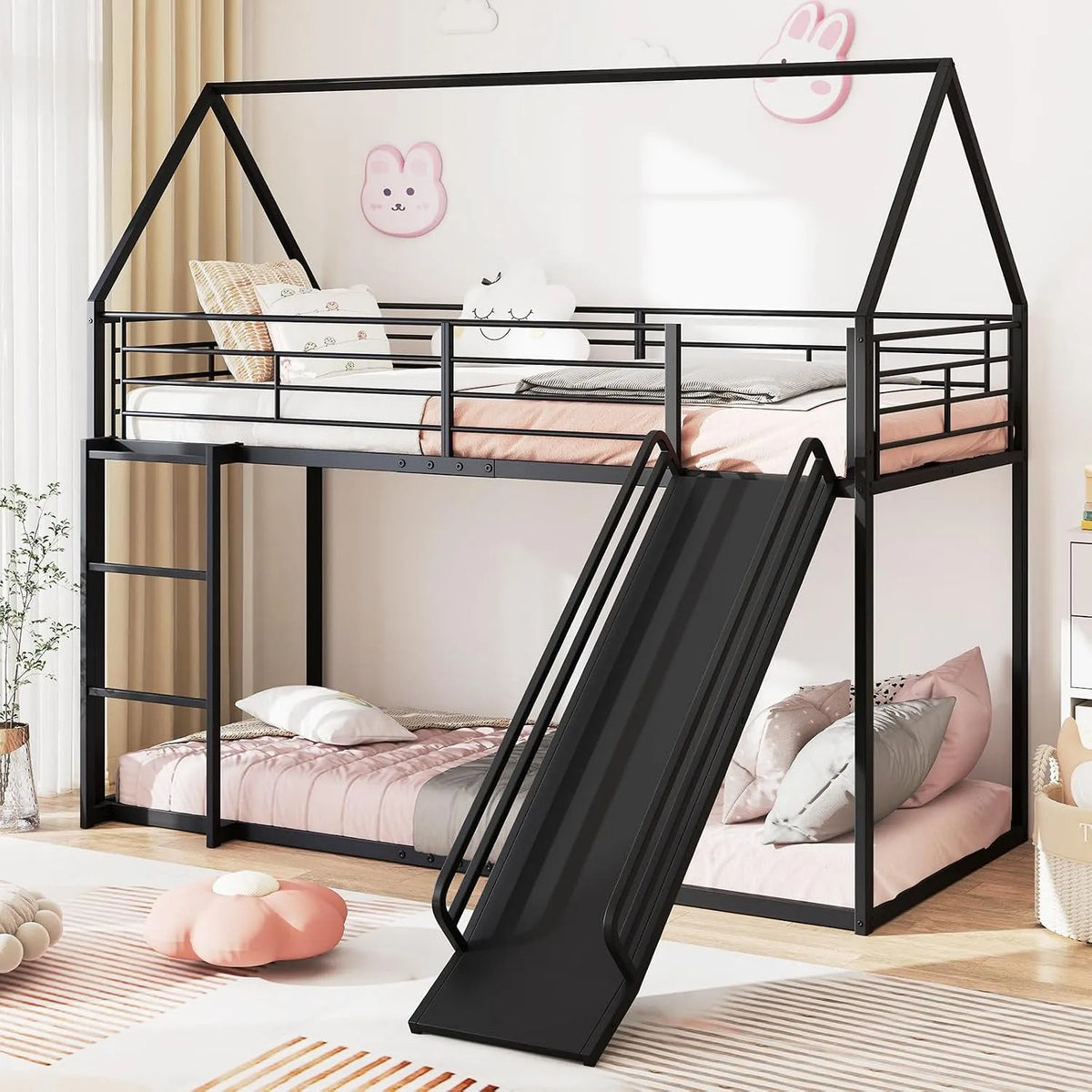 Lit superposé et lit mezzanine — pour enfant, en métal, avec toboggan, avec échelle, 90 × 200CM, 110KG, 6-16 Ans
